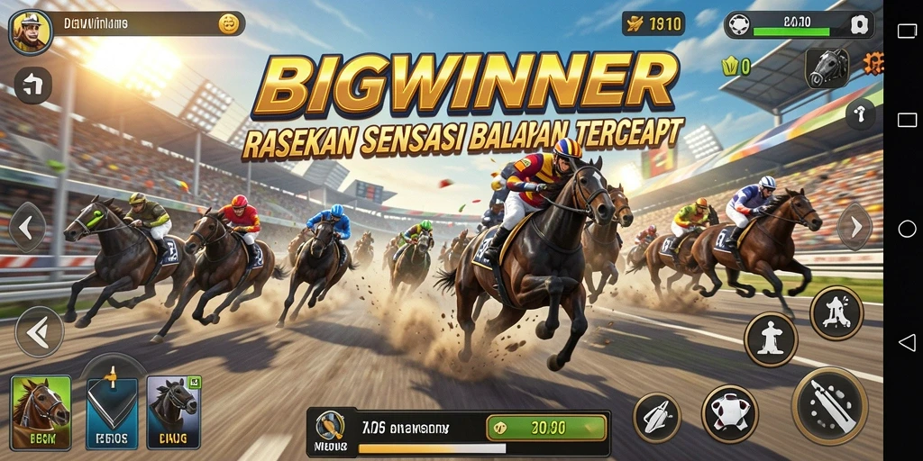 Tampilan gameplay BIGWINNER yang seru dan mendebarkan saat balapan.