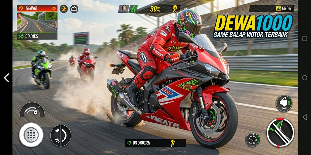 Screenshot utama DEWA1000 menampilkan balapan motor yang penuh aksi dan kecepatan.
