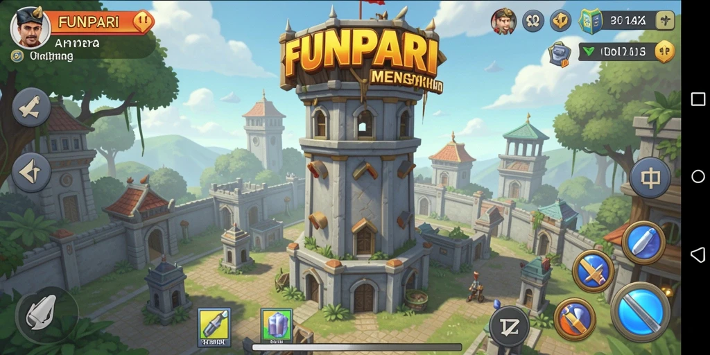 Tampilan menarik dari gameplay Tower Defense FUNPARI dengan berbagai menara.