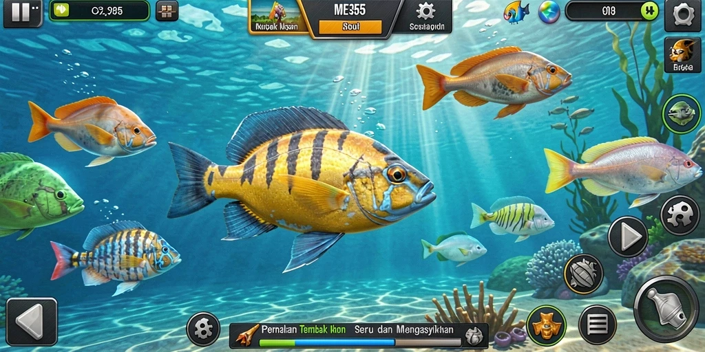 Gameplay seru menembak ikan dalam ME355 yang penuh warna.