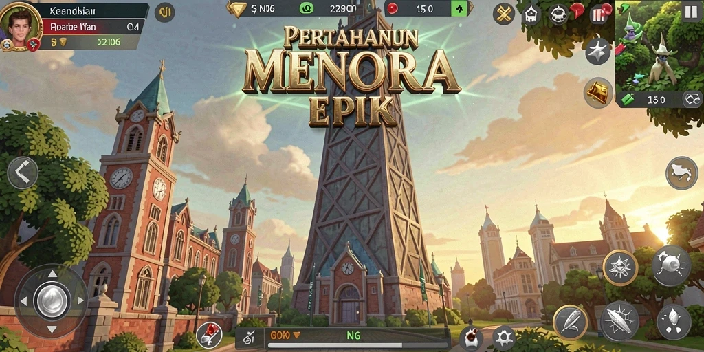 Tampilan epic dari menara pada gameplay Tower Defense.