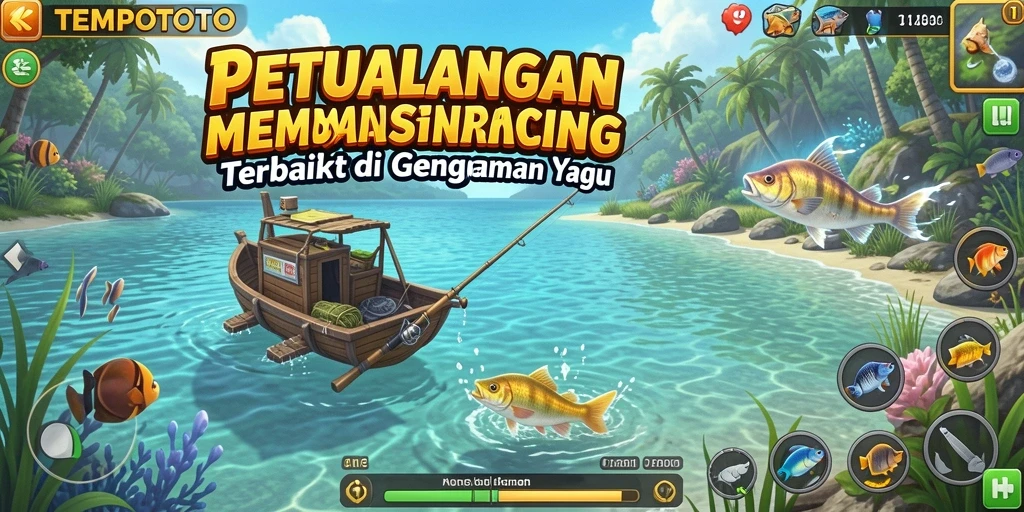 Gameplay TEMPOTOTO yang seru dan penuh warna dengan aksi memancing.