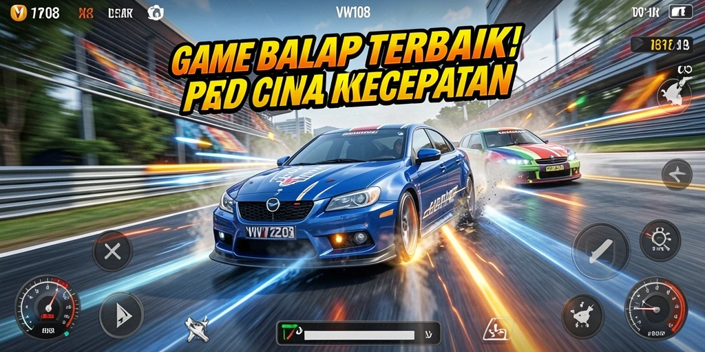 Tampilan gameplay VW108 dengan mobil balap yang cepat dan trek menantang.